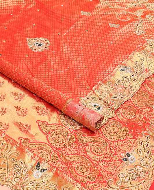 Red jacquard embroidered silk saree, stone embroidered scallop zari design cut work border & zari woven & stone embroidered pallu
