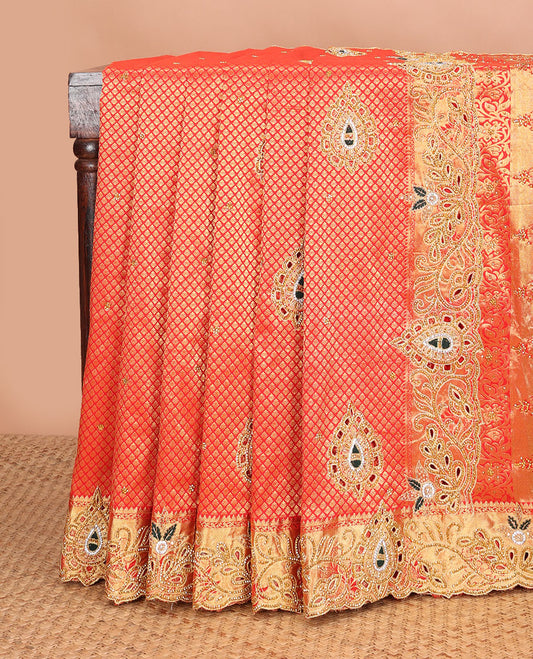Red jacquard embroidered silk saree, stone embroidered scallop zari design cut work border & zari woven & stone embroidered pallu