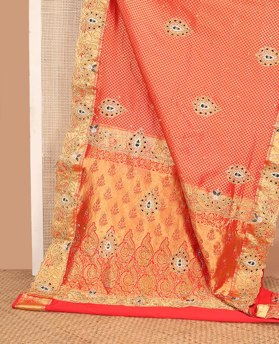Red jacquard embroidered silk saree, stone embroidered scallop zari design cut work border & zari woven & stone embroidered pallu