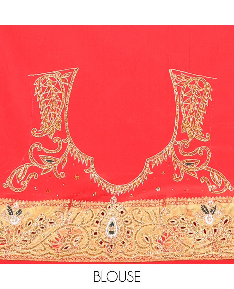 Red jacquard embroidered silk saree, stone embroidered scallop zari design cut work border & zari woven & stone embroidered pallu