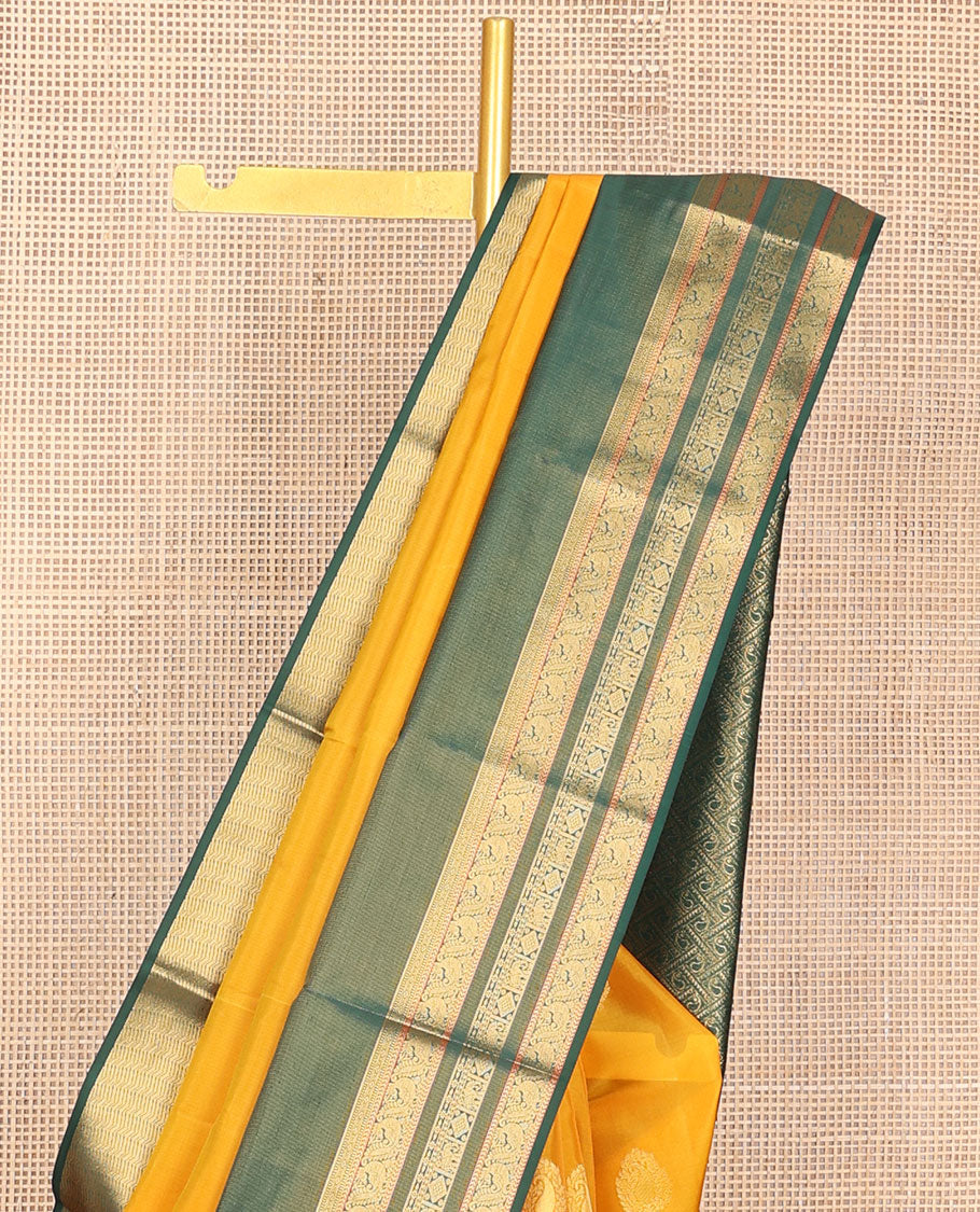 Yellow zari buttas silk saree, contrast rettai pettu zari border of yaanai,mayil & diamond pattern & jaal pallu