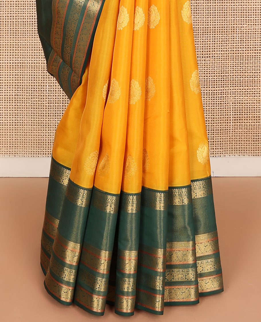 Yellow zari buttas silk saree, contrast rettai pettu zari border of yaanai,mayil & diamond pattern & jaal pallu