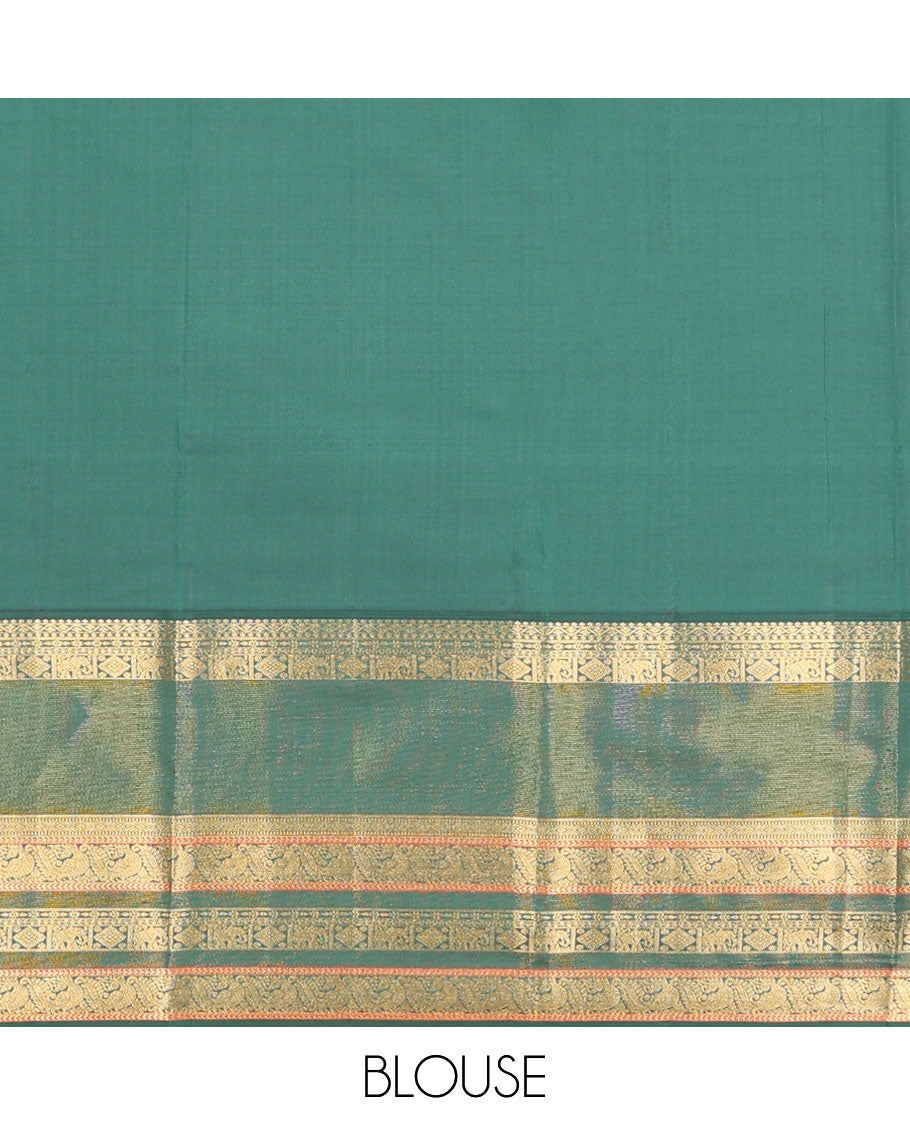 Yellow zari buttas silk saree, contrast rettai pettu zari border of yaanai,mayil & diamond pattern & jaal pallu