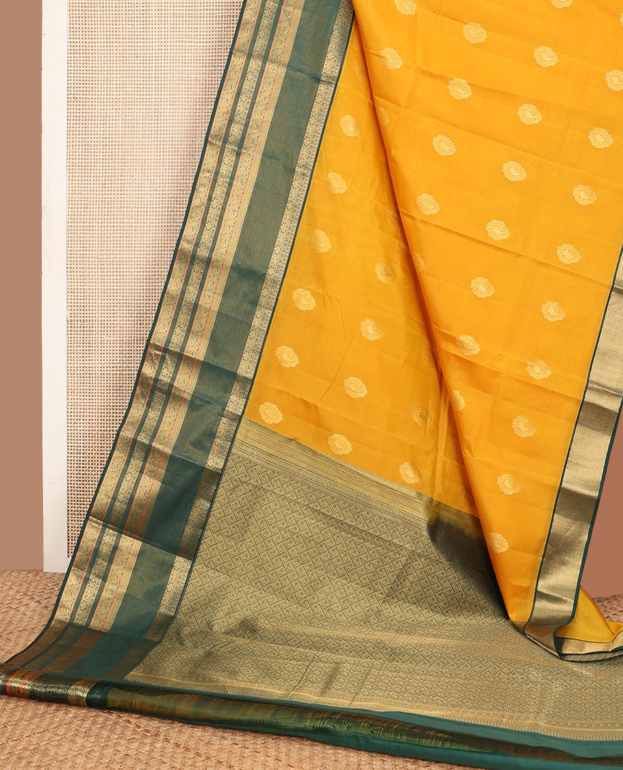 Yellow zari buttas silk saree, contrast rettai pettu zari border of yaanai,mayil & diamond pattern & jaal pallu
