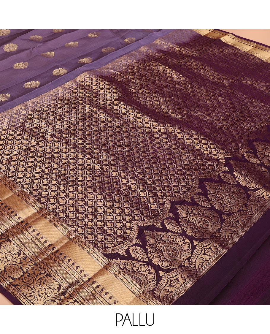 Violet Vasundhara Lite Silk Mix Saree Elegantly Framed with Floral Zari Buttas, Adorned with a Contrast Border Featuring Kamalam, Paisa, Manga, Then Kuli Kann, and Kodi Visiry Designs, Pallu Elevated with Intricate Designs, and a Contrast Blouse