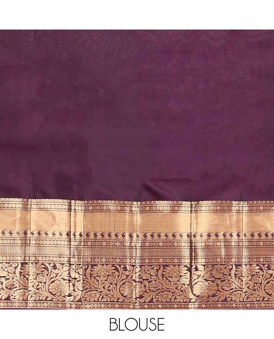 Violet Vasundhara Lite Silk Mix Saree Elegantly Framed with Floral Zari Buttas, Adorned with a Contrast Border Featuring Kamalam, Paisa, Manga, Then Kuli Kann, and Kodi Visiry Designs, Pallu Elevated with Intricate Designs, and a Contrast Blouse