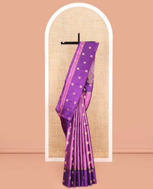 Purple Vasundhara Lite Silk Mix Saree, Elegantly Designed with Mayil and Chakram Buttas  On Its Body, Complemented by Contrast Border of Mayil and Chakram Designs, Floral Design Pallu and Paired with a Contrast Blouse