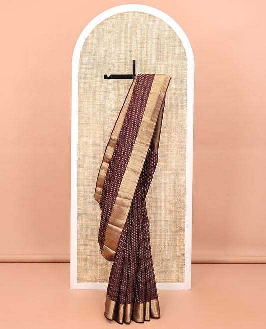 Brown Vasundhara Lite Silk Mix Saree, Masterfully Woven with Zari Buttas All Over Its Body, Highlighted by a Zari Border of Rettai Neli, Poun, Banaras, Manga, and Mayil Kann Designs, Grand Pallu, and Paired with a Matching Blouse
