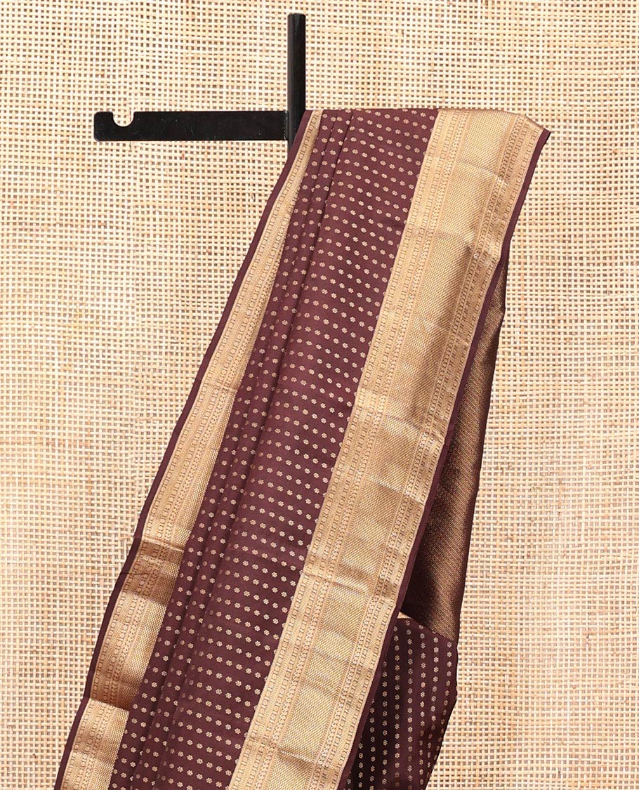 Brown Vasundhara Lite Silk Mix Saree, Masterfully Woven with Zari Buttas All Over Its Body, Highlighted by a Zari Border of Rettai Neli, Poun, Banaras, Manga, and Mayil Kann Designs, Grand Pallu, and Paired with a Matching Blouse