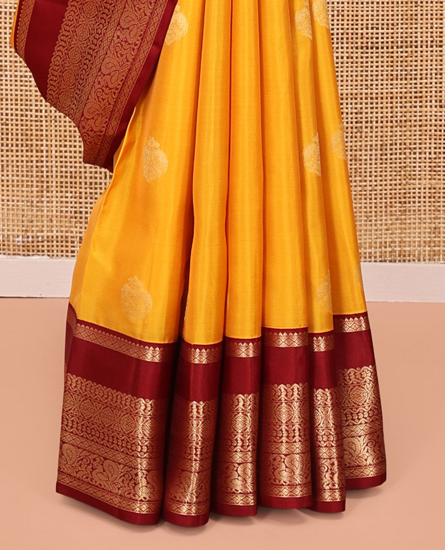 Yellow Vasundhara Lite Silk Mix Saree, Subtly Woven with Iruthalai Pakshi Buttas All Over Its Body, Complemented by Contrast Rettai Pettu Border of Rekku, Diamond, Neli, Laddu Kamalam, and Mayil Designs, Grand Jaal Pallu and Paired with a Contrast Blouse