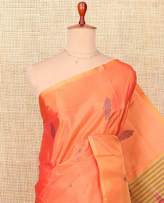 Borderless Orange Banana Pith Saree Delicately Woven with Butterfly Buttas, Complemented by a Contrasting Pallu Steeped with Thread Buttas and Butterfly Buttas, and Paired with a Contrast Plain Blouse