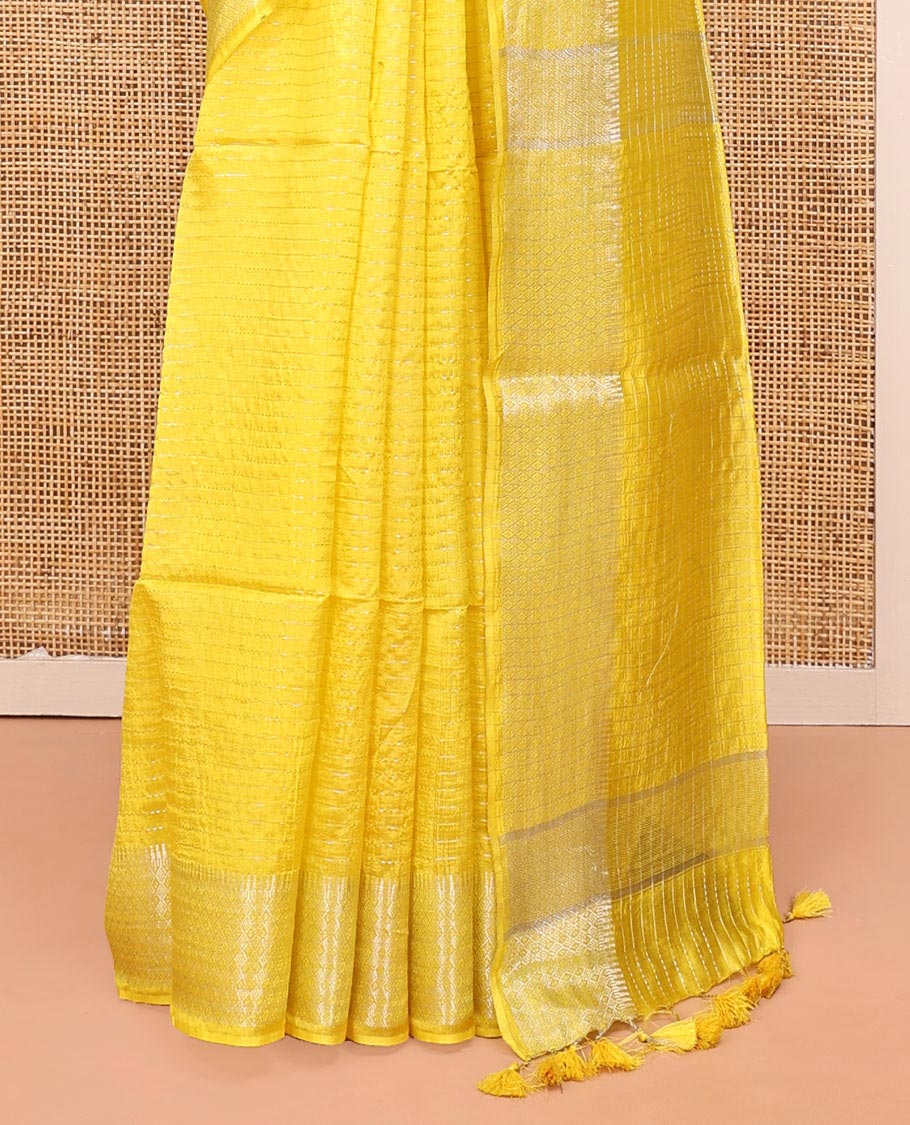 Yellow Banana Pith Saree, Subtly Sparkled with Zari Stripes All Over Its Body, Subtly Woven Border, Subtly Striped Pallu, and Paired with a Matching Blouse