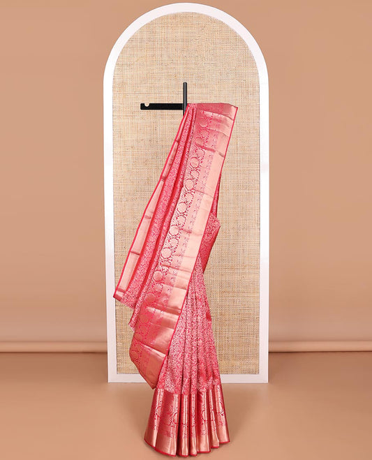 Red floral jacquard kancheepuram silk saree with self border of thilakam mokku, muthu, kodi visiry, banaras design & zari design pallu