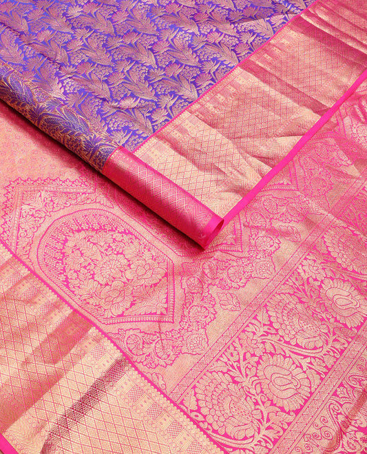 Blue jacquard wedding silk saree, contrast intricate pallu & zari border of thilakam,paisa,vanki,kathir & jaal designs