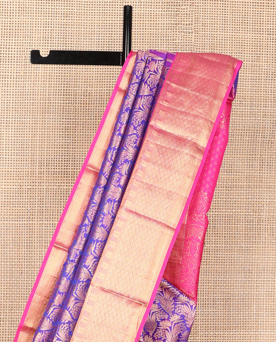 Blue jacquard wedding silk saree, contrast intricate pallu & zari border of thilakam,paisa,vanki,kathir & jaal designs