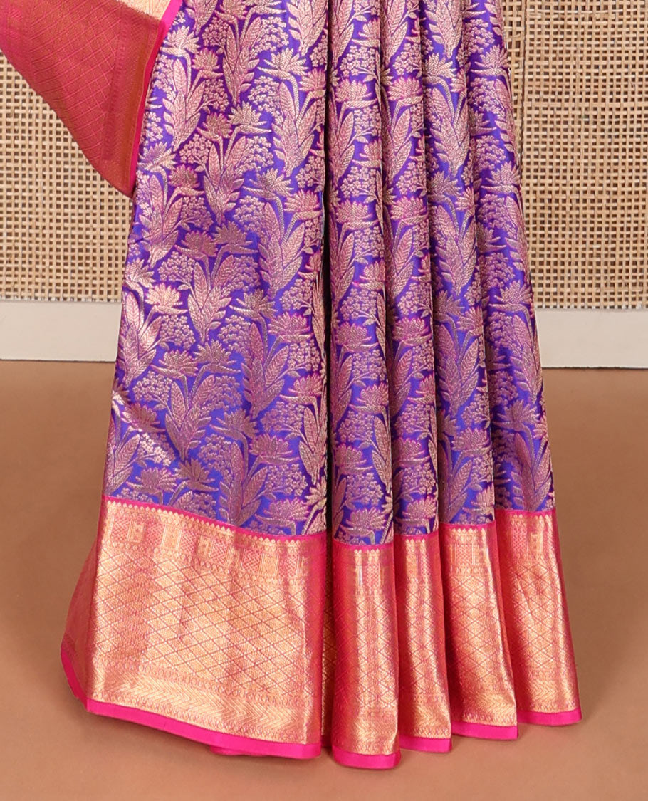Blue jacquard wedding silk saree, contrast intricate pallu & zari border of thilakam,paisa,vanki,kathir & jaal designs