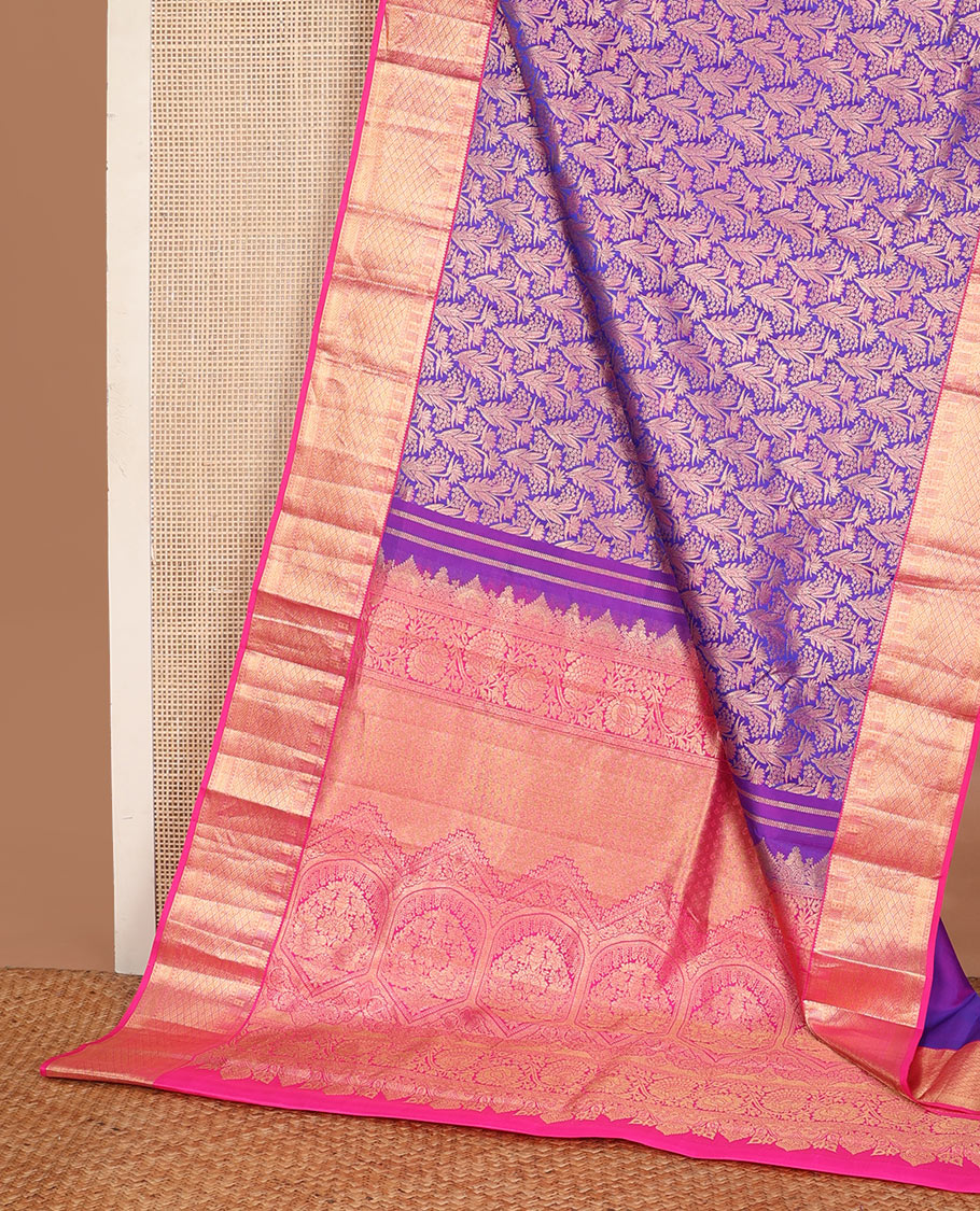 Blue jacquard wedding silk saree, contrast intricate pallu & zari border of thilakam,paisa,vanki,kathir & jaal designs