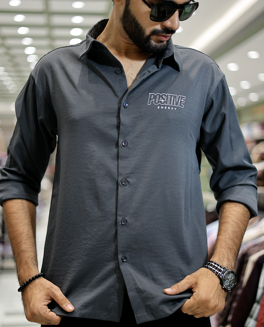 Grey Poly-Blended Back Flap Casual Shirt