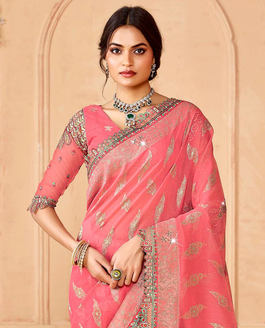 Pink buttas and micro-stone work designer saree, embroidered scallop border, and pallu of intricate designs and stone work