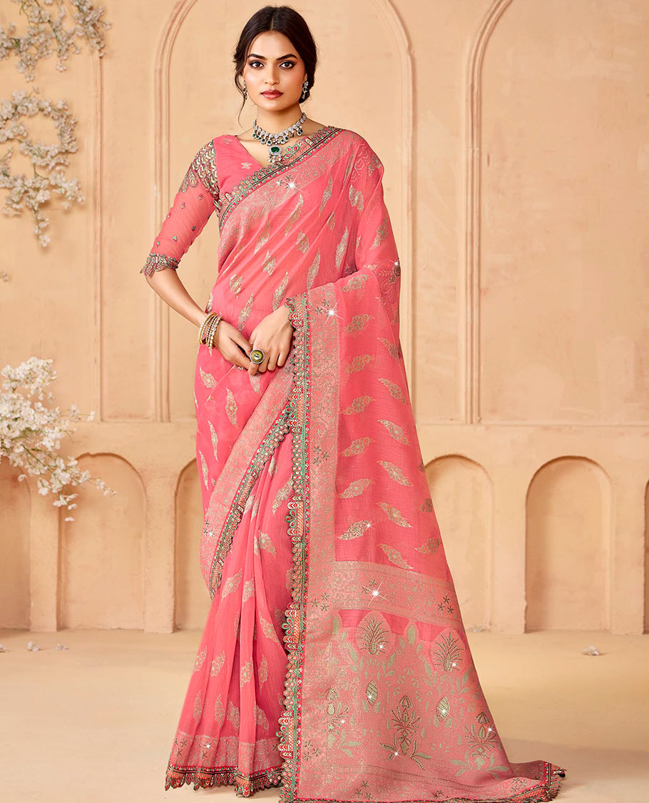 Pink buttas and micro-stone work designer saree, embroidered scallop border, and pallu of intricate designs and stone work