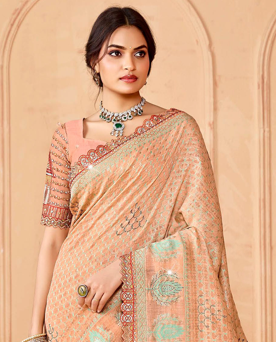 Peach jaal design and micro-stone work designer saree, embroidered scallop border, and  pallu of leaf patterns and stone work