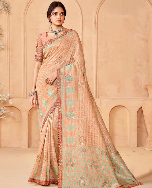 Peach jaal design and micro-stone work designer saree, embroidered scallop border, and  pallu of leaf patterns and stone work