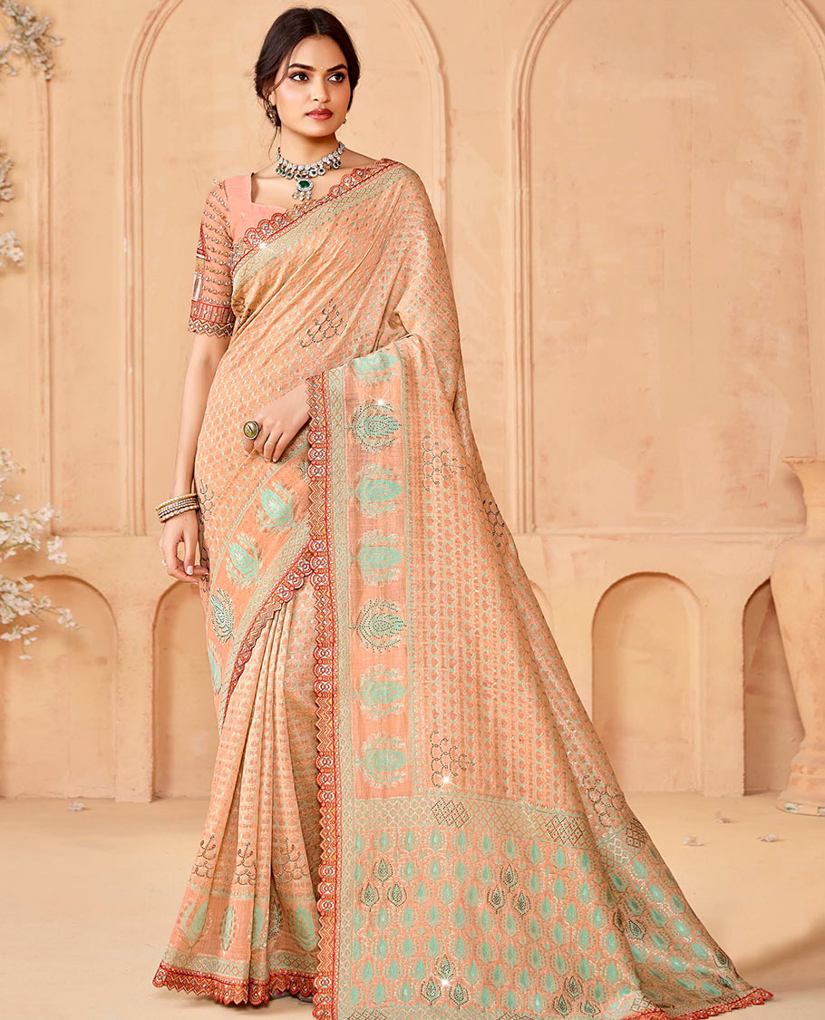 Peach jaal design and micro-stone work designer saree, embroidered scallop border, and  pallu of leaf patterns and stone work