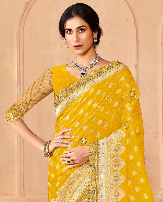 Yellow buttas & stone work dola silk saree, lotus motif patch embroidery border & intricately woven stonework pallu