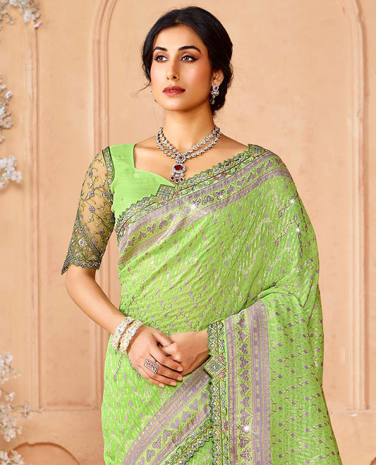 Green buttas & stone work dola silk saree, geometric motif patch embroidery border & intricately woven stonework pallu