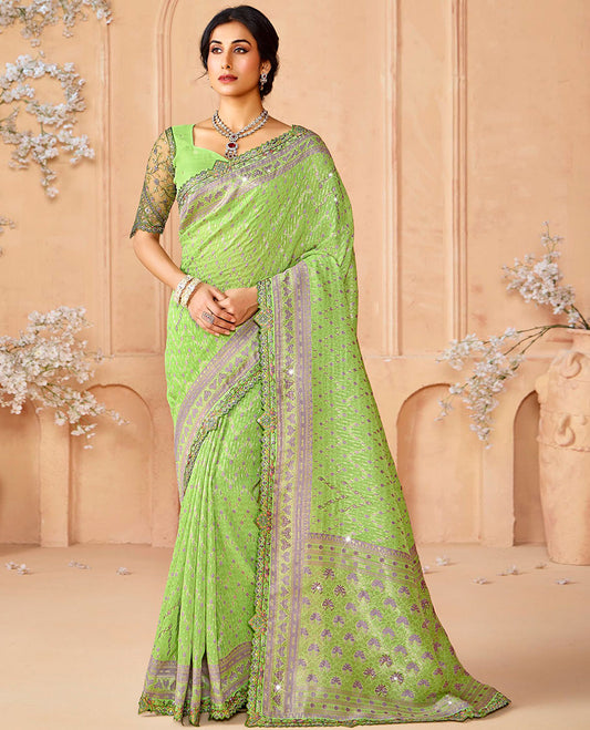Green buttas & stone work dola silk saree, geometric motif patch embroidery border & intricately woven stonework pallu