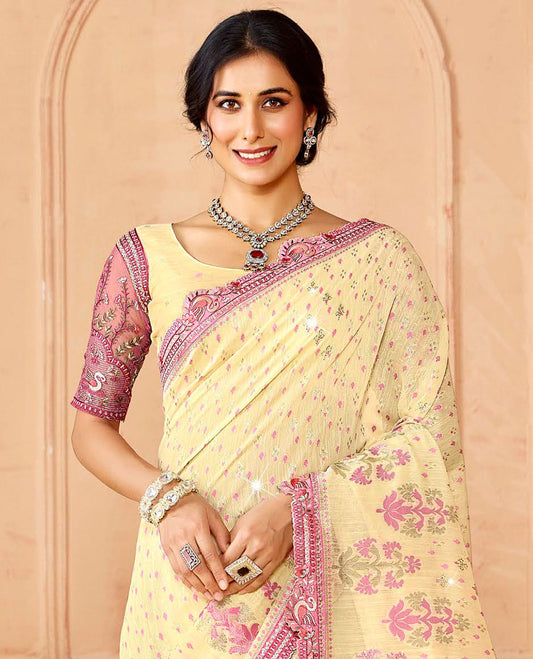Light sandal buttas & stone work dola silksaree,contrast swan motif patch embroidery border & chevron stripes woven stonework pallu
