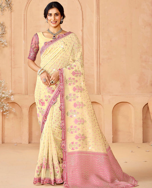 Light sandal buttas & stone work dola silksaree,contrast swan motif patch embroidery border & chevron stripes woven stonework pallu