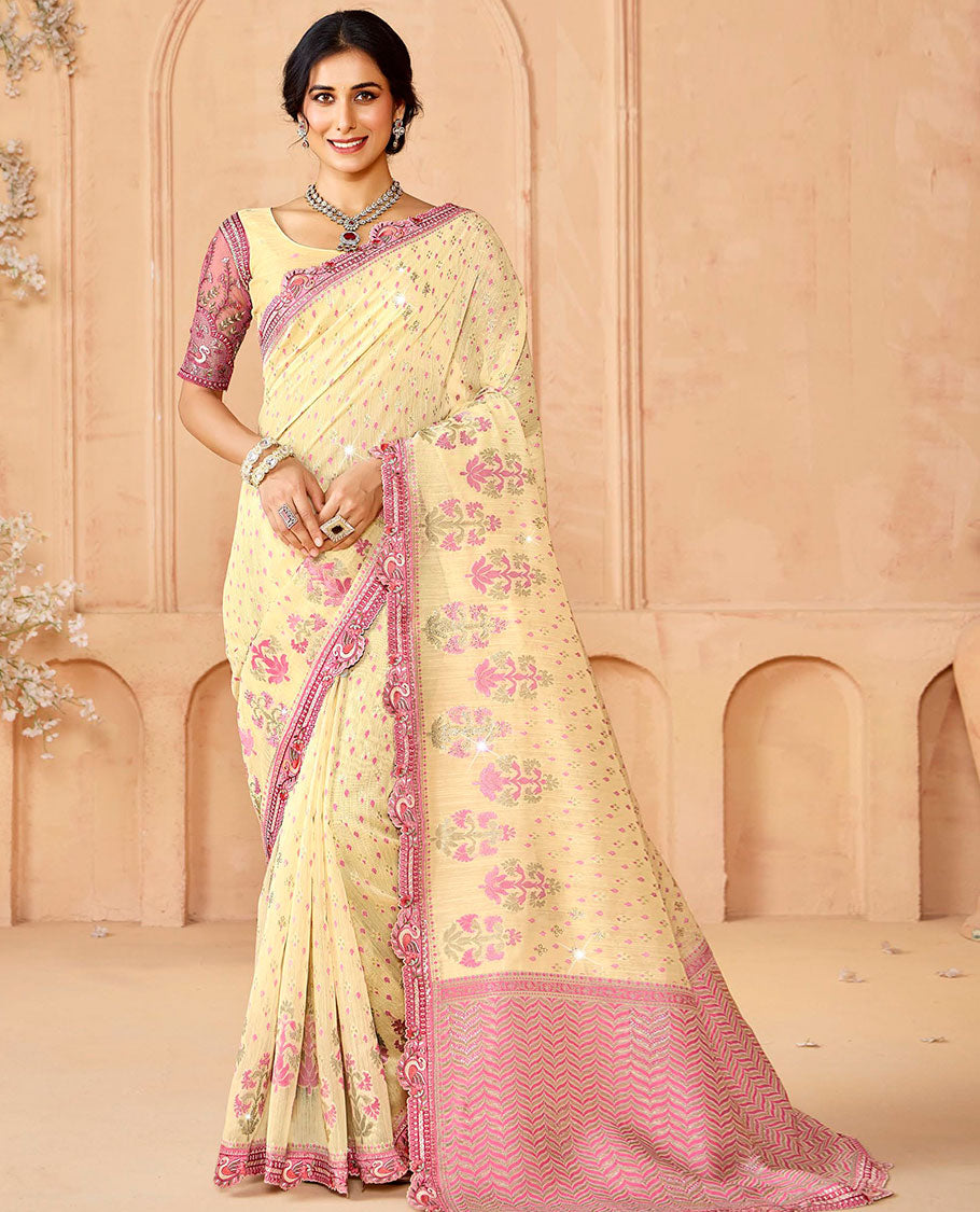 Light sandal buttas & stone work dola silksaree,contrast swan motif patch embroidery border & chevron stripes woven stonework pallu