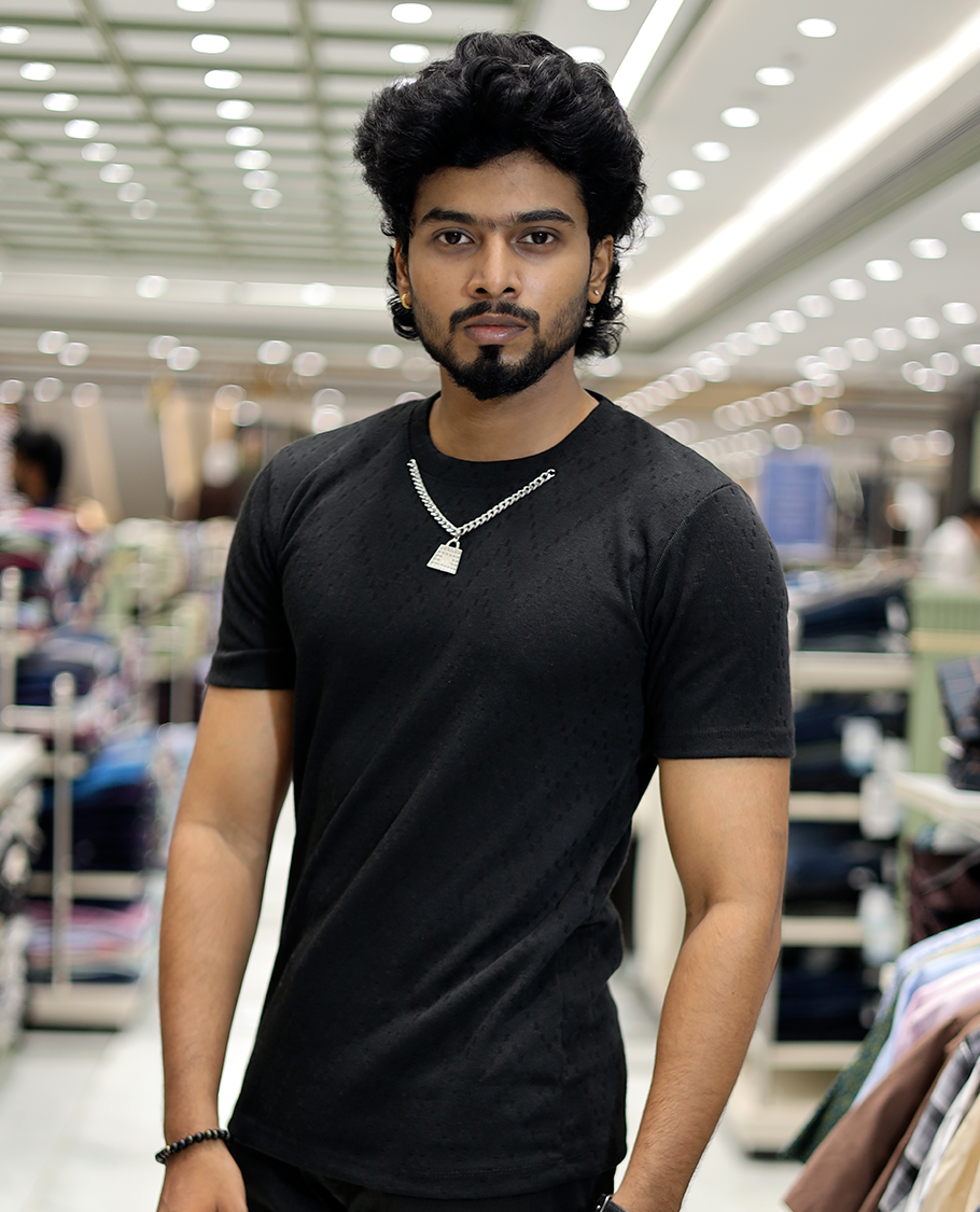 Black Chevron Cotton-Blended T-Shirt
