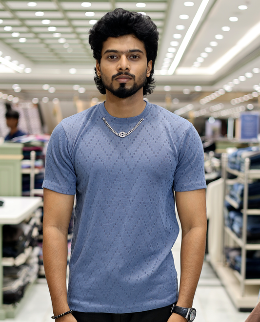 Blue Chevron Cotton-Blended T-Shirt