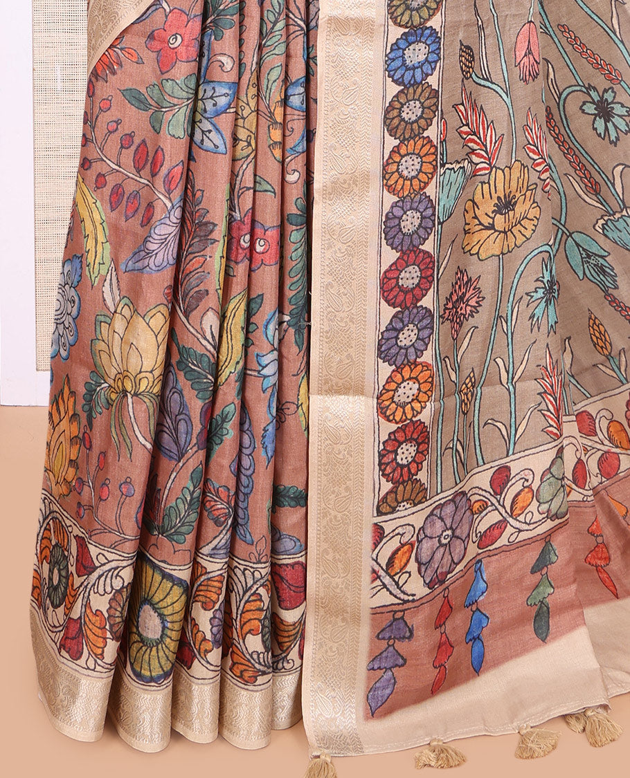 Brown Kalamkari Printed Fancy Tussar Saree