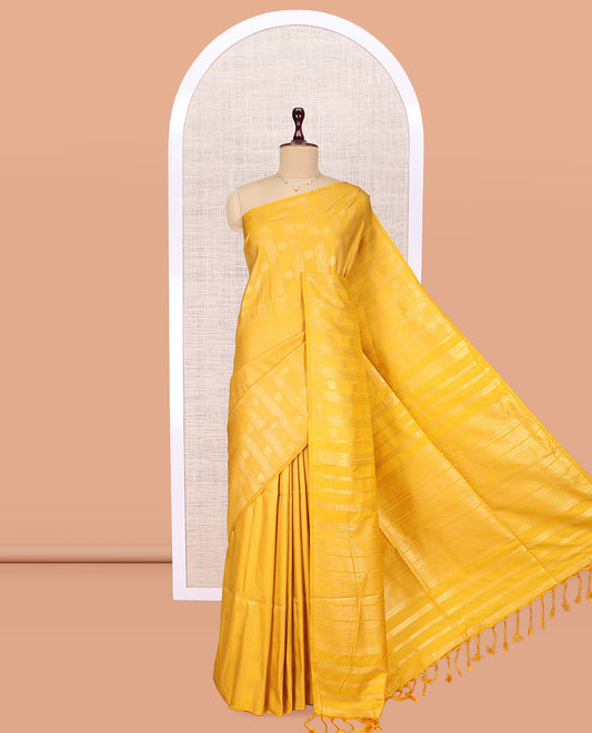 Borderless Peacock Chakram Yellow Budget Silk Saree