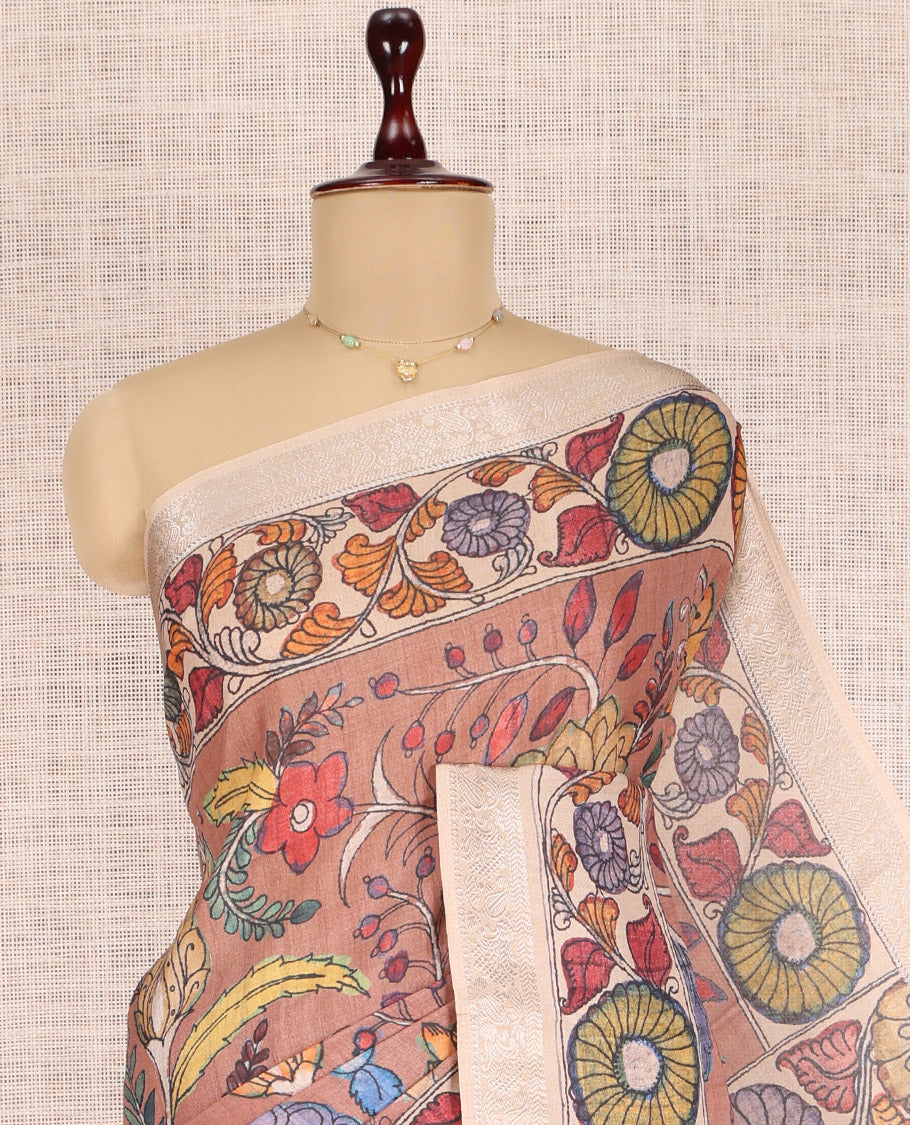 Brown Kalamkari Printed Fancy Tussar Saree