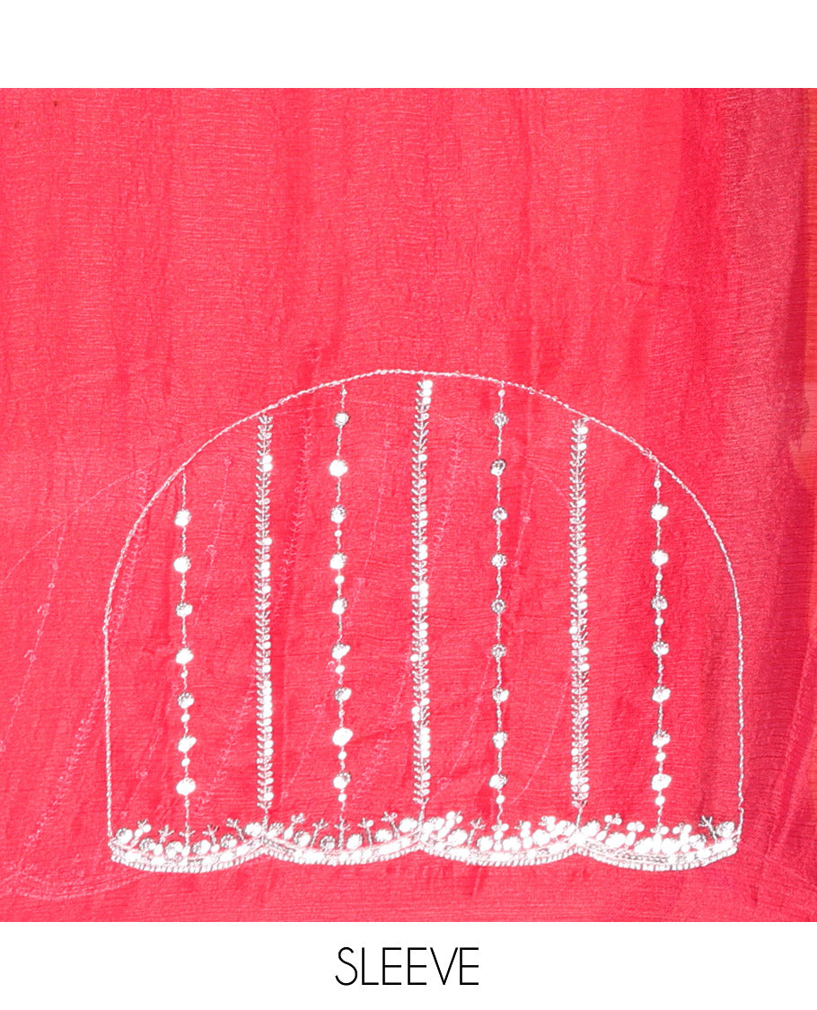 Rani Pink Fendy Chiffon Saree Highlighted with Sequins and Thread Stripes Embroidery, Scallop Embroidered Border, Elegantly Embroidered Pallu, and Paired with a Matching Blouse