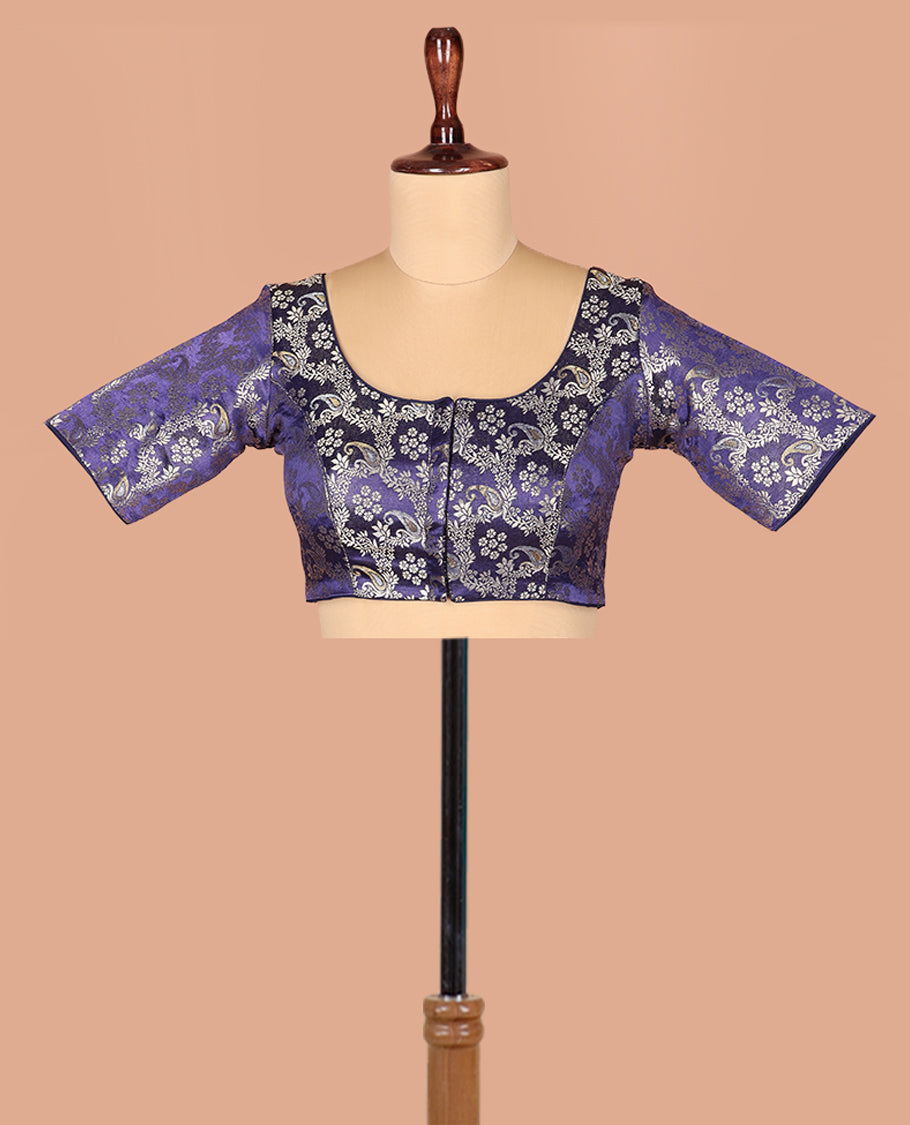 Blue Readymade Blouse Meticulously Woven with Floral-Paisley Jaal Jacquard Design, Featuring Front Round Neck, Back Round Neck, and Elbow Sleeves