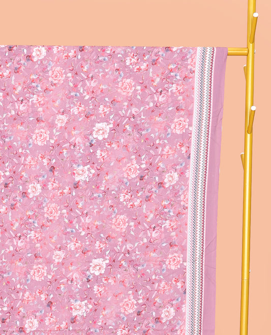 Pink Mul Mul Cotton Saree, Detailed with a Floral Print, a Subtle Chevron Border, Geometric-Printed Pallu, and a Matching Blouse
