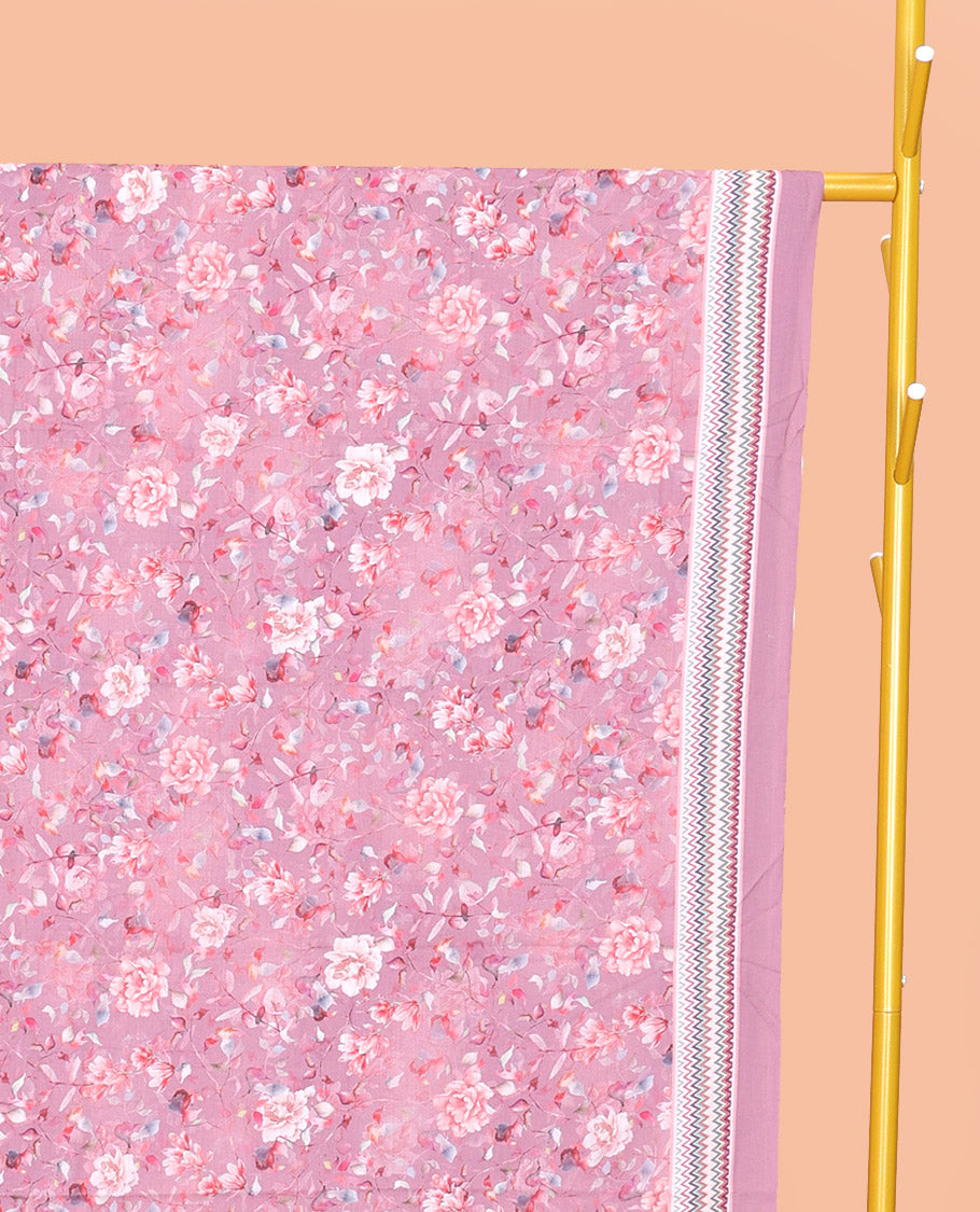 Pink Mul Mul Cotton Saree, Detailed with a Floral Print, a Subtle Chevron Border, Geometric-Printed Pallu, and a Matching Blouse