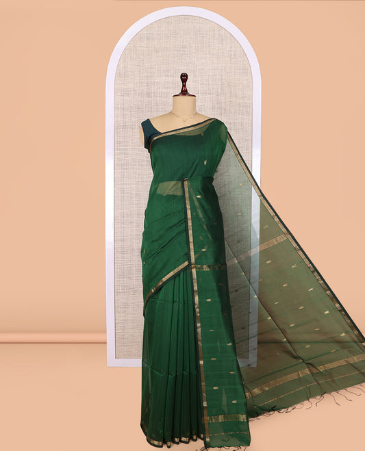Green Maheshwari Cotton Saree, Adorned with Buttas, Highlighted by a Zari Piping Border, Pallu of Zari Buttas, and  Matching Blouse