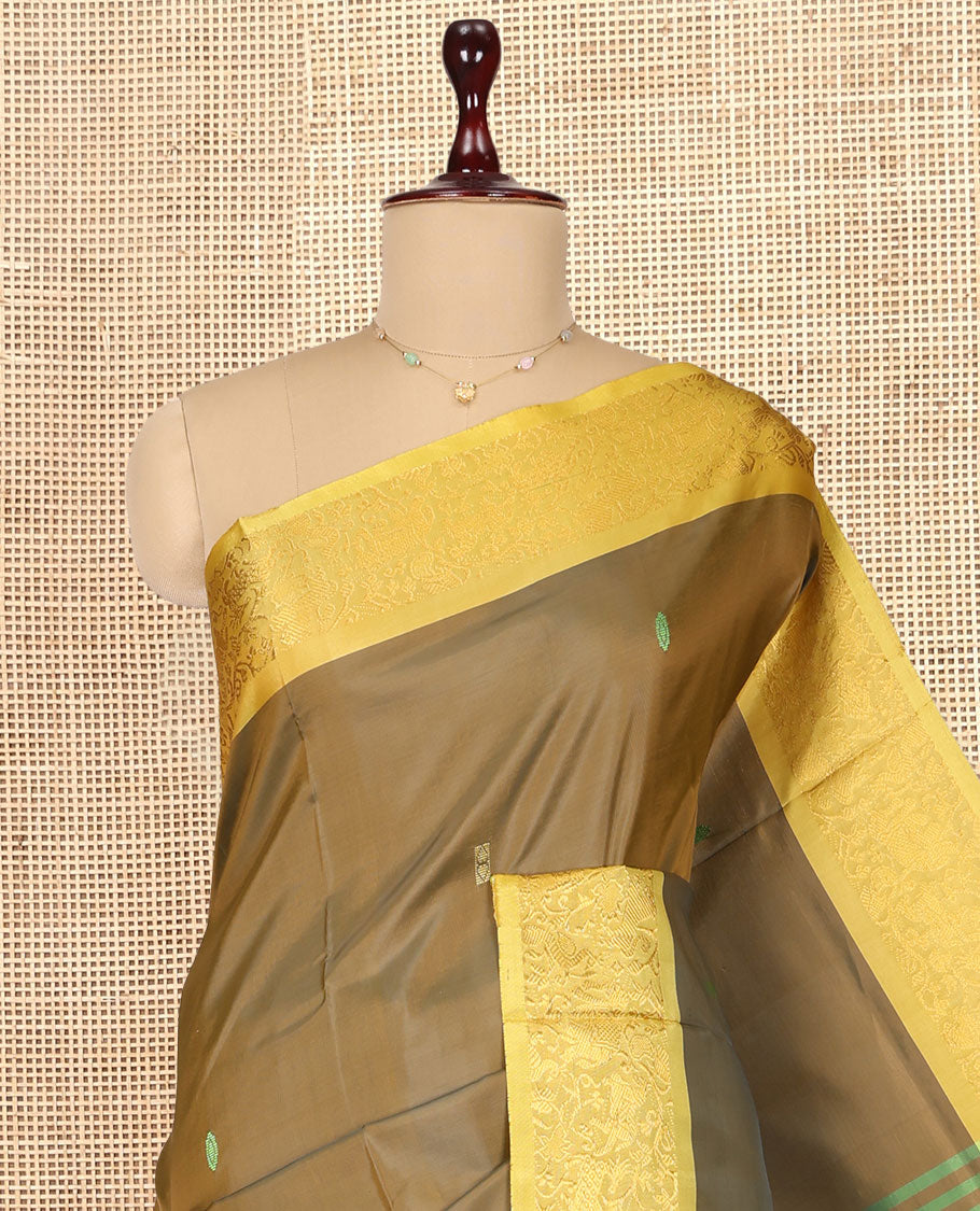 Green Banana Pith Saree, Crafted with Thread Buttas, a Contrast Traditional Zari Border, Pallu of Buttas, and a Contrast Blouse