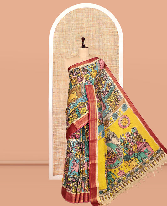 Multi-Color Kalamkari Silk Saree, Meticulously Crafted with Ancient Human Motifs Print, a Contrast Traditional Zari Border, Human Motifs Pallu, and a Contrast Blouse