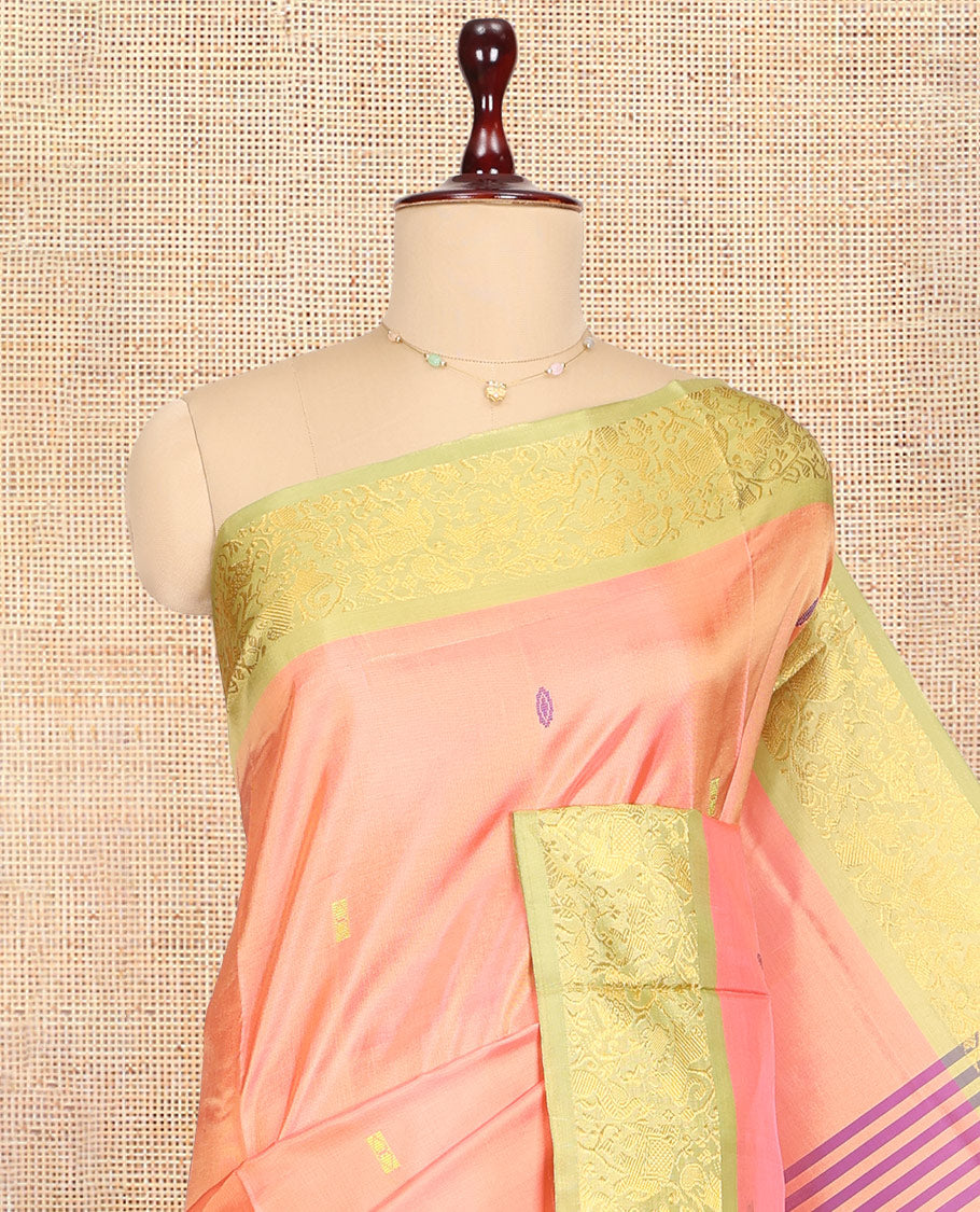 Peach Banana Pith Saree, Woven with Buttas, a Contrast Floral-Animal Zari Border, Pallu of Stripes and Buttas, and a Contrast Blouse