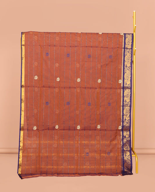 Orange Venkatagiri Cotton Saree Features Peacock Buttas and Stripes, a Contrast Peacock Zari Border, Pallu of Buttas and Stripes, and No Blouse