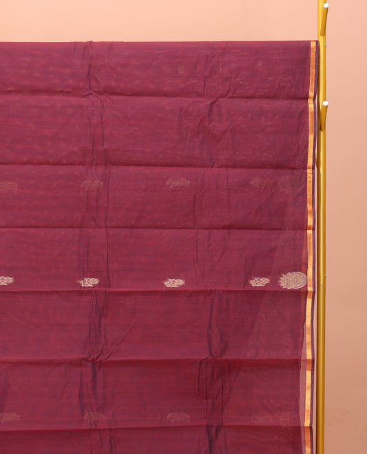 Wine Kanchi Cotton Saree, Elevated with Buttas on Its Body, a Subtle Border, Intricately Designed Pallu, and a Matching Blouse