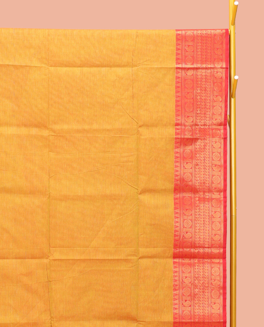 Yellow Plain Chettinad Cotton Saree, Complemented by a Contrast Traditional Zari Design Woven Temple Border, Pallu of Stripes, and Paired with a Matching Blouse