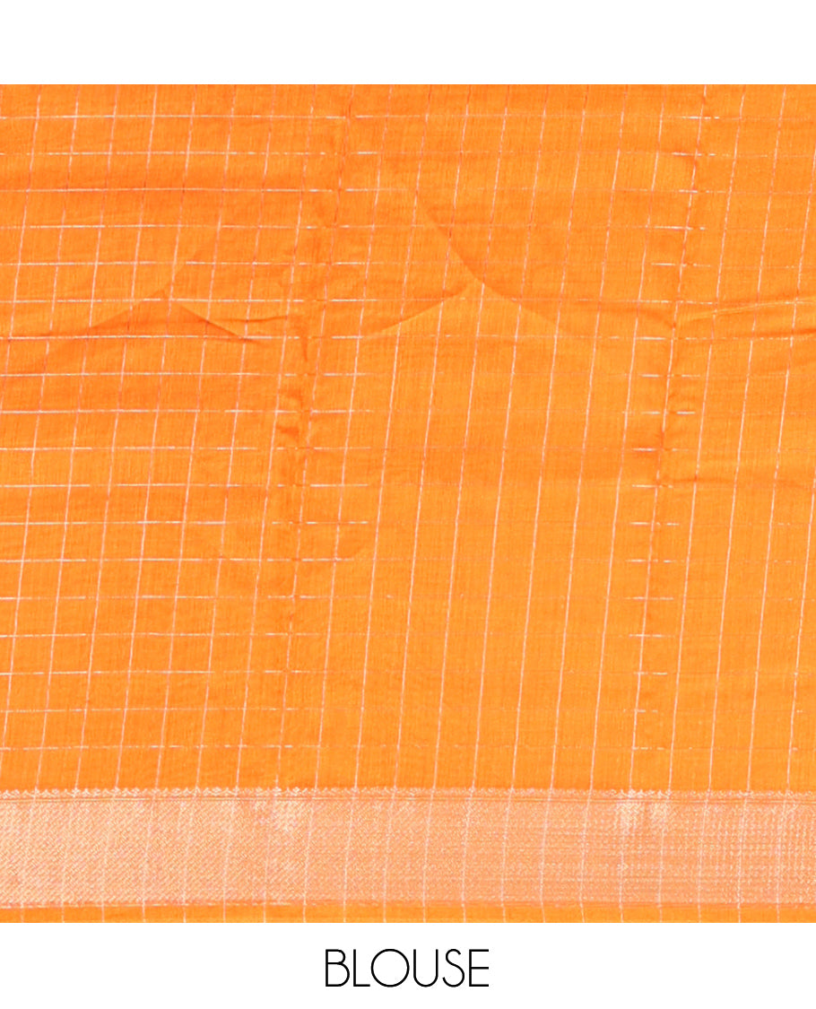 Orange Assam Silk Saree, Subtly Enriched with Zari Checks, Highlighted by a Traditional Zari Border, Striped Pallu, and a Matching Blouse